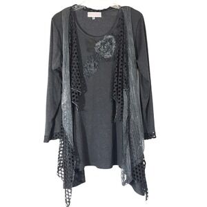 Pretty Angel Gray Silk Blend Floral Applique Layered Mesh Tunic Top Large Grunge